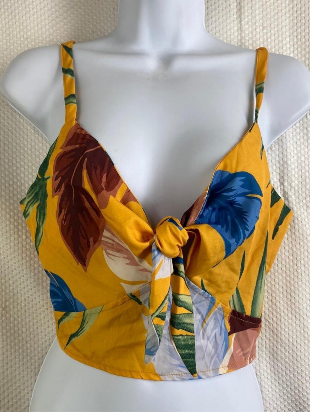 Tropical Red Leaf Tie Front Cami Crop Top Mustard Yellow Floral Size S
